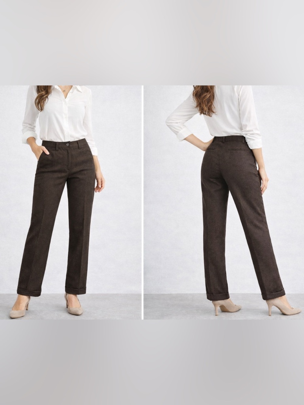 I.N.E Wool Pants WMN 2 Brown Straight Leg Career Work Trousers Woolmark Petite
